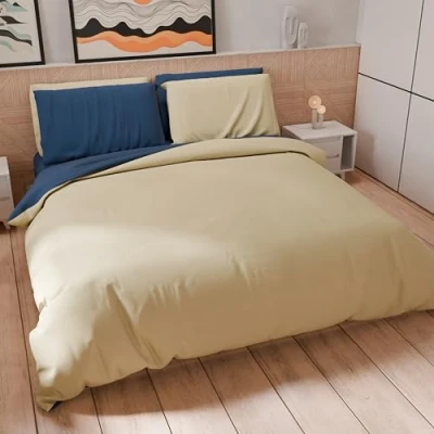 Afbeelding van PETTI Artigiani Italiani Tweepersoons dekbedovertrek, dekbedovertrek en kussenslopen van microvezel, tweekleurig nachtblauw/taupe, 100% Made in Italy