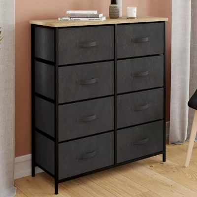 Afbeelding van Commode 8 tiroirs en tissu ALTA 80 cm gris anthracite et plateau effet bois design industriel