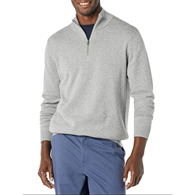 Image de Amazon Essentials Pull pour homme 100% coton avec fermeture éclair 1/4 Gris chiné moyen Taille L