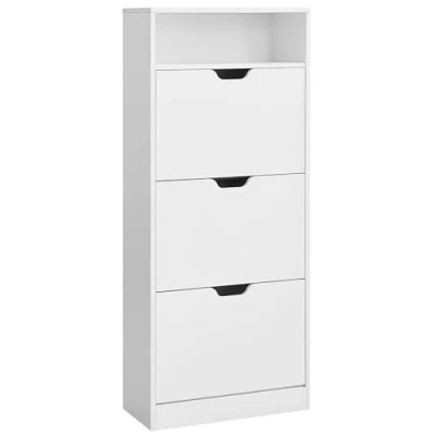 Afbeelding van VASAGLE Schoenenkast met 3 vleugeldeuren, schoenenrek, open vak, verstelbare scheidingswand, 14 tot 18 paar, voor kleine ingang, 24 x 60 139 cm, wolkenwit LBC046W01