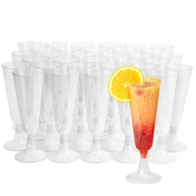 Afbeelding van MATANA 24 Herbruikbare Plastic Champagneglazen 150ml met Zilveren Glitter
