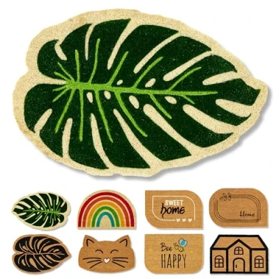 Afbeelding van Deurmat, natuurlijke kokosmat, 40 x 60 cm, Monstera, antislip, houdt vuil vast, deurmat voor binnen en buiten, overdekte buitendeuren