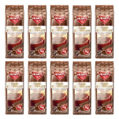 Afbeelding van HEARTS Drinkchocolade, 10 x 1 kg, voordeelverpakking voor dranken, instant cacaopoeder, oplosbaar, melkachtig, romig voldoende 800 kopjes eenvoudige bereiding