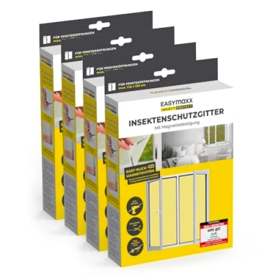 Image de EASYmaxx Insect Protect Lot de 4 moustiquaires pour fenêtre avec fixation magnétique Découpable Moustiquaire jusqu&#039;à 110 x 130 cm Aimant anti moustiques Montage facile