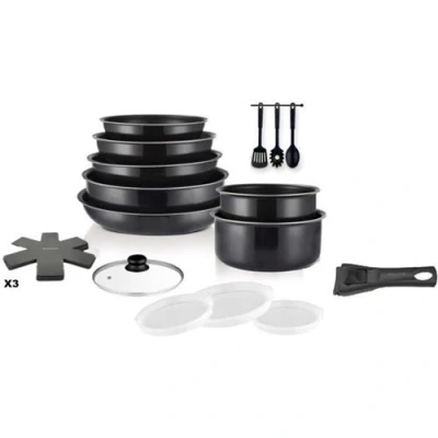 Image de Batterie De Cuisine Tous Feux Dont Induction Art &amp; Ac1824 Aluminium 18 Pieces Anti Adhérent Poignée Amovible
