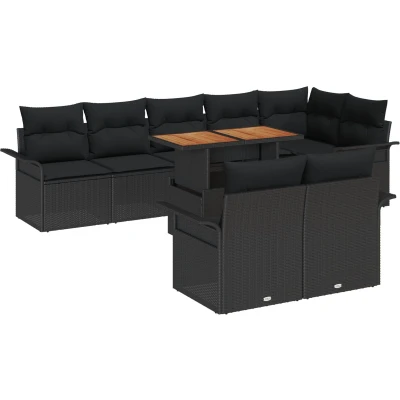 Afbeelding van vidaXL 9 delige Tuin Eetset met Kussens Zwart Poly Rattan Acacia