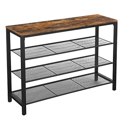 Afbeelding van VASAGLE schoenenrek, 100 x 30 72 cm, schoen organisator met 3 strak gemaasde gaasplanken, gang, woonkamer, slaapkamer, eenvoudige constructie, stal, industriële stijl, vintage bruin zwart LBS14BX