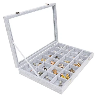 Afbeelding van Belle Vous Grijs Velours Sieraden Organiser Display Doos Tray, 24 Secties &amp; Glazen Deksel Stapelbare Tray voor Lades Aanpasbare Opslag Raster Ringen, Ketting, Armbanden, Oorbellen en Horloges