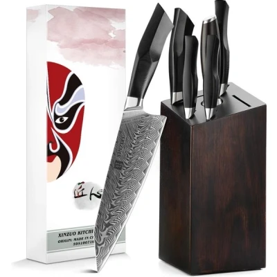 Afbeelding van Luxe en Professionele 7 delige Keukenmessen set van Damascus Staal (67 lagen, VG10) Xinzuo B32 G10 Handvaten met klinknagel mozaïek Blok + Koksmes Vleesmes Santokumes Groentemes Schilmes Aanzetstaal