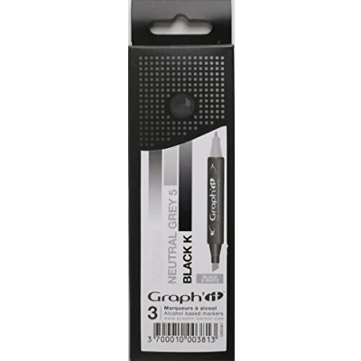 Afbeelding van GRAPH&#039;IT Marker set van 3 alcoholmarkers met dubbele punt voor manga tekenen en illustraties, fijne afgeschuinde punt, zwart wit