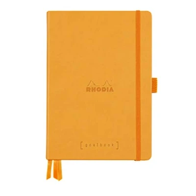 Afbeelding van RHODIA 118584C Notitieboek, hardcover, bullet journal, goalbook, oranje, A5, gestippeld, 240 pagina&#039;s, licht papier, 90 g, 3 banden, elastische sluiting, kunstlederen omslag