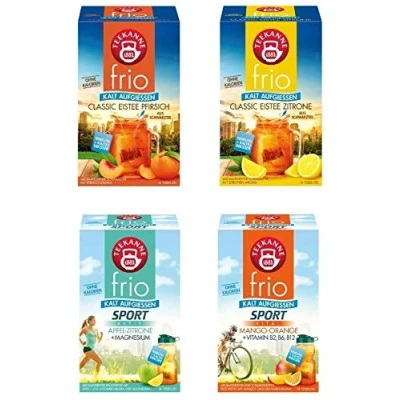 Afbeelding van frio theepotten, set van 4, ijsthee mix met de nieuwe soorten klassieke ijsthee, citroen en perzik, appelcitroen mango sinaasappel, vitaminen (4 x 45 g)