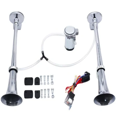 Afbeelding van GYUPXYH Claxon voor vrachtwagen, 12 V, dubbele trompettractor, chroom, met compressor, 150 db, accessoires auto en vrachtwagen (dubbele buis V compressor)