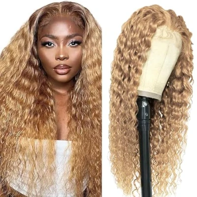 Afbeelding van Tuheerst Blonde pruik, echt haar, watergolf, 4 x #27, Zwitsers kant, 100% onbewerkt, Braziliaans Remy Pre geplukt, natuurlijke haarlijn met babyhaar, geen geur voor dames, 45 cm