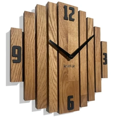 Afbeelding van FLEXISTYLE Symmetry wandklok eiken voor badkamer woonkamer diameter zonder tikkend geluid houtlook (eiken, 30 cm)