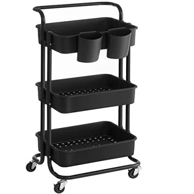 Afbeelding van SONGMICS Trolley met 3 niveaus, serveerwagen op wielen, opbergrek, handgreep, 2 losse bakjes, remmen, kunststof manden, eenvoudige montage, voor slaapkamer, keuken Zwart BSC067B01