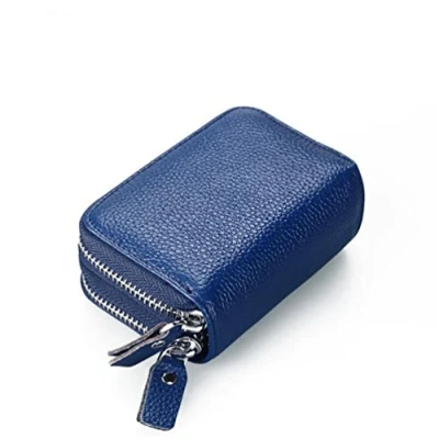Afbeelding van AprinCtempsD RFID blokkerende kaarthouder, klein, van echt leer, mini portemonnee met dubbele ritssluiting, voor dames en heren, Blauw, informeel
