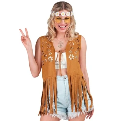 Afbeelding van Widmann Hippie Kostuum Vest Met Lange Franjes Vrouw Bruin XXL Carnavalskleding Verkleedkleding