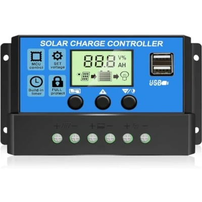 Afbeelding van Solar laadregelaar zwart zonnepaneel intelligente batterijregelaar met dubbele USB poort 12 V/24 V PWM verstelbaar lcd display blauw 30 A