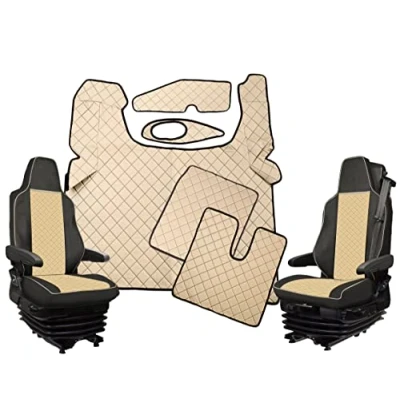 Afbeelding van Vloermattenset + stoelhoezen 1 beige eco leer voor TGX vrachtwagens vanaf 2020 euro 7 6 automatische ook inbegrepen twee dashboardmatten zoals afgebeeld.