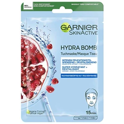 Afbeelding van Garnier Hydra Bomb Stofmasker voor vochtgevoelige huid, revitaliserend en hydraterend, met hyaluronzuur granaatappelextract, 28 g