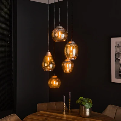 Afbeelding van Elouise hanglamp 5L getrapt mix amber glas