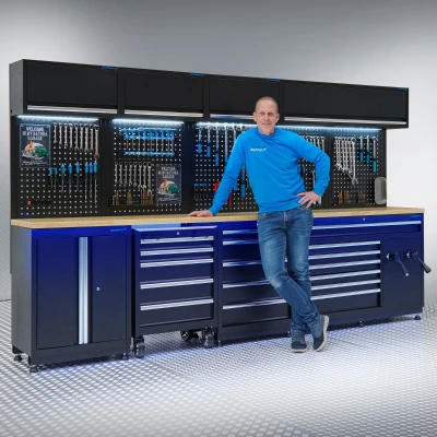 Afbeelding van Werkplaatsinrichting PREMIUM met eiken werkblad en extra brede lades 340 cm breed