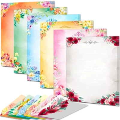 Afbeelding van Schattige briefpapier en enveloppen. 【Dubbelzijdig gekleurd, slechts één kant gevoerd】 48 vellen + 24 enveloppen, 14 x 19 cm bloemen decoratief