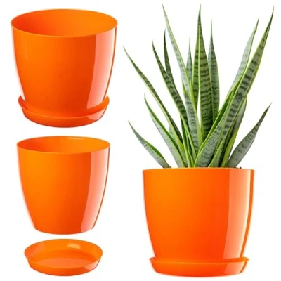 Afbeelding van KADAX Elegante bloempot, plantenpot met schoteltje, ronde bloempot van kunststof, voor bloemen, binnenshuis, Ø 20 cm, oranje