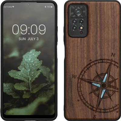 Afbeelding van kwmobile telefoonhoesje geschikt voorXiaomi Redmi Note 11 Pro / (5G) 12 (4G) Hoesje met bumper walnoothout In donkerbruin Parelmoer kompas design