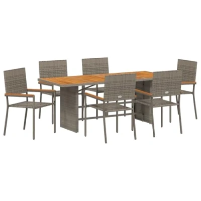 Afbeelding van vidaXL 7 Delige Tuin Eetset Grijs Poly Rattan, Stapelbare Stoelen met Kussens 2 stuks Rattan
