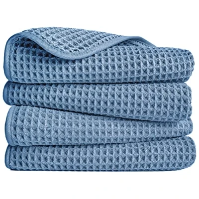 Afbeelding van POLYTE Set van 4 pluisvrije microvezel handdoeken, 40 x 76 cm, blauw, wafelpatroon