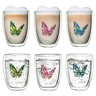 Afbeelding van Creano Theeglazen, 6 stuks, dubbelwandig, geïsoleerd, latte macchiato, vlindermotief, 250 ml, in exclusieve geschenkdoos