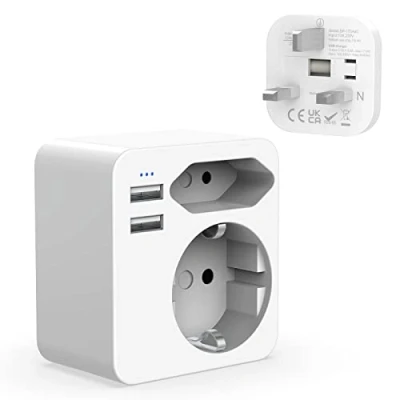 Afbeelding van Hoppac Adapter Engels, Frans, twee USB poorten 2,4 A, Frankrijk naar VK met Europese en Schuko stekker, type G voor gebruik in het Verenigd Koninkrijk
