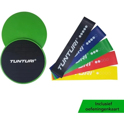 Afbeelding van Tunturi Resistance Band Set Weerstandsbanden Fitness elastiek Met Core Sliders Combi