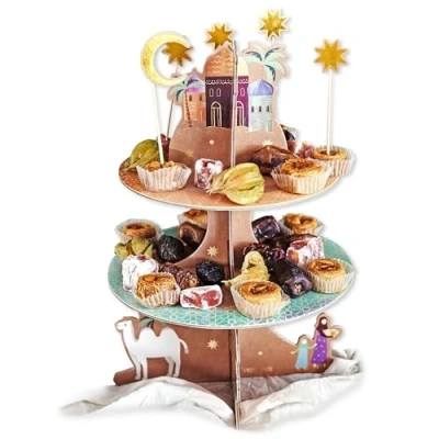 Afbeelding van Papierdrachen Ramadan taartstandaard, prachtige tafeldecoratie, perfect voor lekkernijen het suikerfestival, bladgoud, met 12 bijpassende muffindoppen, set 03