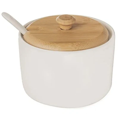 Afbeelding van Porseleinen suikerpot met deksel en lepel, hoogte 6,5 cm, wit porselein bamboehout, ecologische