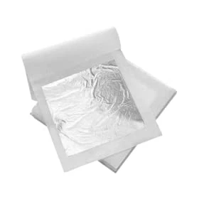 Afbeelding van SIM GOLD LEAF Echte zilverfolie, 999/1000, geschikt voor levensmiddelen, 110 x mm, 10 vellen, professionele kwaliteit