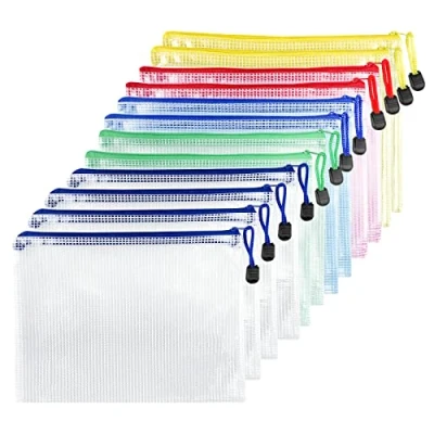 Afbeelding van Fousenuk, 12 stuks documentenzakken met ritssluiting, A4, transparant pvc, documentmap, waterdicht, plastic zak netvak voor reizen, benodigdheden, kantoor, 5 kleuren