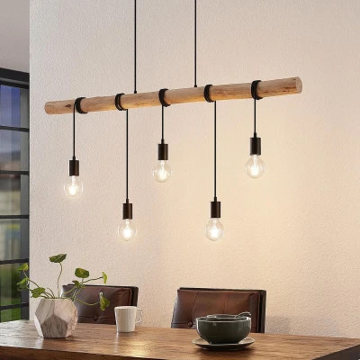 Afbeelding van Lindby hanglamp 5lichts Ijzer, hout, touw E27 zwart mat, licht hout