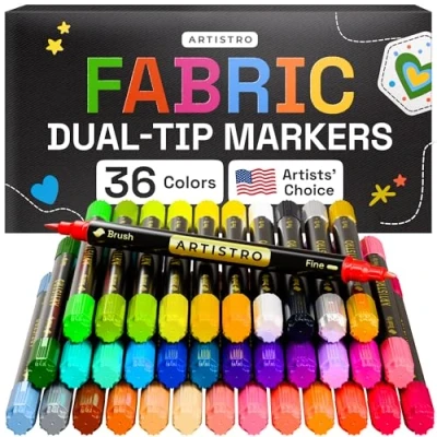 Afbeelding van ARTISTRO 36 stoffen markers met dubbele punt, textieldecoratieset, permanent voor kleding, zonder vlek T shirts, tassen, textiel, canvas en meer (penseelpunt fijne punt)