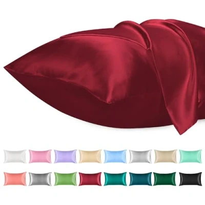 Afbeelding van Lirex Set van 2 satijnen kussenslopen effen microvezel zijden voor King Size, met envelopsluiting kreukvrij, zacht, lichtbestendig, ademend (wijnrood)