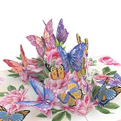 Afbeelding van MOKIO® Pop up vlinderkaart bloemen met vlinders 3D cadeaukaart voor verjaardag, pensioen of als bon, bloemenwenskaart envelop