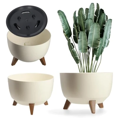 Afbeelding van KADAX Ronde bloempot van kunststof met drie steekhouders, voor balkon, woonkamer, diameter 47 cm, crème