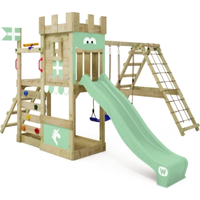 Afbeelding van WICKEY speeltoestel ridderkasteel DragonFlyer met schommel &amp; pastelgroene glijbaan, outdoor kinderklimtoren zandbak, ladder speelaccessoires voor de tuin