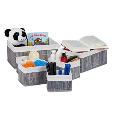 Afbeelding van Relaxdays opbergmand set van 6 bamboe manden badkamer opbergbox grijs