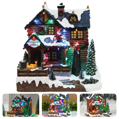 Afbeelding van Cheqo® Kersthuisje Polyresin Kersthuis Kerstdecoratie Huisje Kersttafereel Kerstdorp Huis Verlicht en Muziek Draaiende Rendieren