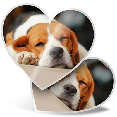 Afbeelding van Set van 2 hartvormige stickers 15 cm, slapende beagle hond en schattige puppy voor laptops, tablets, bagage, scrapbooking, koelkasten, #15506