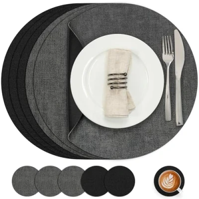 Afbeelding van Myir JUN Placemats van leer en onderzetters, 6 stuks, rond, antislip, dubbelzijdig, wasbaar, hittebestendig, grijs zwart, set