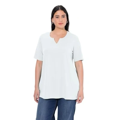 Image de Ulla Popken T Shirt, Ligne A, Col Tunique, Manches Mi Longues Femme, White Out, 44 grande taille